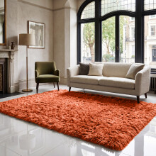 (160cm x 230cm OR 5ft 3" x 7ft 6"- Large Area Rug, Rust/ Orange- Area Rug) Large Fluffy Shaggy Rugs Non-Slip Living Room Rug