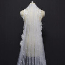 (Ivory,250x150cm)Ethnic Style Wedding Veil With Pearl Embroidery And Natural Elements Bride For