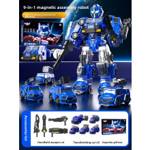 (Blue)Magnetic Transforming Toy Robot With Assembly For Kids Coordination Development