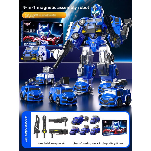 (Blue)Magnetic Transforming Toy Robot With Assembly For Kids Coordination Development
