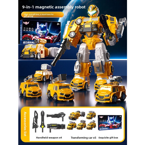 (Yellow)Magnetic Transforming Toy Robot With Assembly For Kids Coordination Development