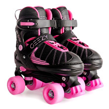 (Medium /UK 2 - 4/) The Magic Toy Shop Kids 4 Wheel Quad Roller Skates Boots For Girls & Boys Adjustable Pink & Black