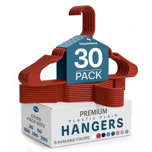 Utopia Home 30 Pack Plastic Hangers Space Saving, Durable Hanger with Shoulder Grooves, Red