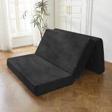 MAXYOYO Folding Corduroy Mattress, Tri Fold Floor Mattress 15cm thick with Washable Cover,Foldable in Three,Space-Saving for Guest (Black, Single)