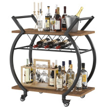 LVB Drinks Trolley, Bar Cart for Kitchen, Beverage Serving Liquor Cart with Wheels, Wood and Metal Rolling Wine Cart with Storage Shelf