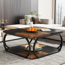 Tribesigns Square Coffee Table with 2 Tiers, 40 inches Low Farmhouse Coffee Table with Wood Storage Shelf Heavy Duty Metal Curved Frame for Modern