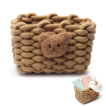 Woven Cotton Wicker Storage Basket with Bear Motif, White - Bathroom Organizer for Desk, Makeup Table, Cabinets, Bath, Kitchen (Brown)