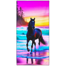 Violetpos Neon Sunset Black Horse Beach Towel, Extra Large 180x90 cm 250GSM Microfibre, Sand Free Quick Dry