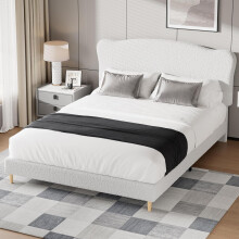 Luxurious Cuddly Bouclà Ottoman Double Bed Frame 82.1"Lx60.3"Wx41.3"H, Gas Lift Storage, Soft Fabric Sherpa Grand Panel Headboard