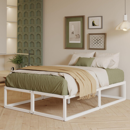 EMODA Double Bed Frame 36cm High with Steel Slats Support, White