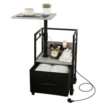 Bedside Table with Charging Station, Narrow Side Table on Wheels with Adjustable Swivel Top, Large Drawer Storage and 360Â Rotating Tabletop