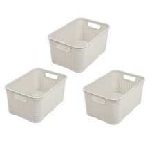 BranQ Home Essential Plastic Baskets in Rattan Design Set of 3 Size M 10 L Polypropylene Cream