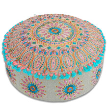 Mandala Life ART Yellow Round Velvet Pouf Cover - Digital Printed Ottoman Slipcover with Moroccan Design, 24 Inch Diameter, Ideal for Living Room