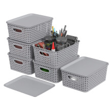 Ysmiltion Plastic Storage Baskets with Lid and Handle, 6 Pack, Light Gray