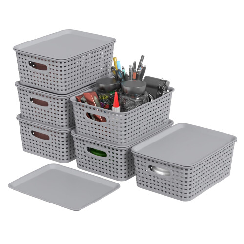 Ysmiltion Plastic Storage Baskets with Lid and Handle, 6 Pack, Light Gray