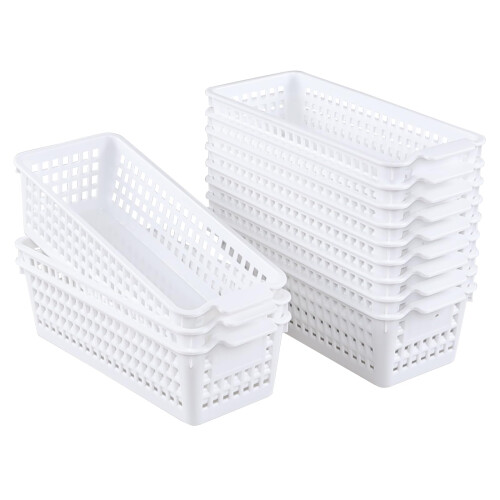 Hayixia 12 Pack Slim Plastic Storage Baskets, Small Organizing Basket Set, White