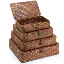 Didaey Set of 4 Seagrass Basket with Lid Wicker Storage Basket Decorative Storage Boxes with Lids Flat Storage Bins Woven Organizer Baskets for Shelf