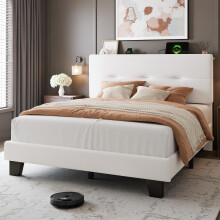 Feonase 4ft Double Bed Frame with Storage Velvet Headboard, Upholstered Bedframe double bed with Charging Station, Sturdy Wooden Slat Support
