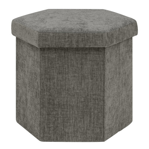 PINPLUS Chenille Ottoman Storage Box, Hexagonal Folding Stool, Grey