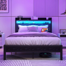 VERFARM 4ft6 Double Size Bed Frame with LED Lights Storage Upholstered Headboard and Charging Station, Solid Metal Platform Bed Double Size