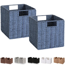 Vagusicc Wicker Storage Basket, Set of 2 Handwoven Paper Rope Collapsible Woven Baskets, 9'' x 9'' x 9'' Cube Storage Bins with Handle