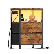 Flrrtenv Bedside Table with Power Strip, Bedside Cabinet with 3 Drawers, LED Bed Side Table for Bedroom