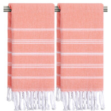 Ouxiaobai Hand Towels for Bathroom - Pack of 2 Turkish Hand Towels Set, Thin Decorative Tea Towel, 20 * 30 Inch Kitchen Cloth with Tassel (Coral)