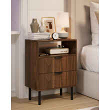 Apetaccat Bedside Table with 2 Drawers, Modern Bedside Cabniet with Metal Legs, Fluted Nightstand, Side Table for Bedroom, Living Room, Office, Walnut