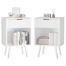 YMYNY Mid Century Modern Nightstand Set of 2, Side Table with Fluted Drawer, Open Shelf Unit, Golden Handle, Solid Wood Legs, Bedside Table