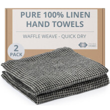 Thing Stories Pure 100% Linen Hand Towels - Set of 2 Linen Kitchen Towels Waffle Weave Black-Natural