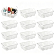 Vareone 12-Pack Plastic Desktop Storage Baskets, Mini Basket Trays for Shelves, Kitchen Cupboard, Office (White)