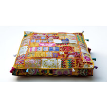 CRAFT KALA Indian Square Patchwork Traditional Pouf Cover Indian Living Room Poufs Decorative Embroidered Designer Ottoman Home Footstool Chair Cover