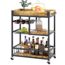 Huhote Serving Trolley, Brown Wood Grain, 3-Tier Shelf, Wine Rack, Wheels with Brakes, Ideal for Kitchen, Dining Room, Living Room, Bar, Party