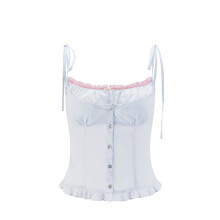 (Blue,M)Camisa feminina de verão com design de renda e micro elasticidade para uso casual