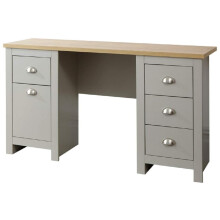 GFW Lancaster Grey and Oak Study Desk, Home Office Desk with 1 Door Cupboard and 4 Drawers, Country Style Computer Workstation