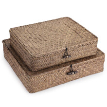 Sumnacon Set of 2 Seagrass Storage Basket Handmade Weave Hamper Wicker Box Chest with Lid & Lock (Coffee)