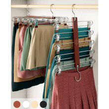 MORALVE Skirt Hangers Space Saving with Clips - 2 Pack - European Beechwood 5-Tier Hanger for Shorts, Skirts, and Trousers
