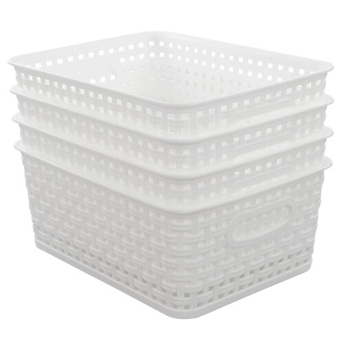 Lesbin Set of 4 Plastic Storage Basket, Weave Basket Small, White