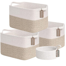 4pcs Cotton Rope Storage Basket â“ 3 Medium + 1 Small Woven Baskets with Handles for Living Room, Bedroom, Bathroom & Nursery â“ White & Beige