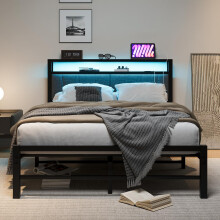 BORPHOM King Size Bed Frame with Storage and LED Lights,5ft Metal Platform Bed Frame King Size Bed Base with Charging Station,Mattress Base,Strong