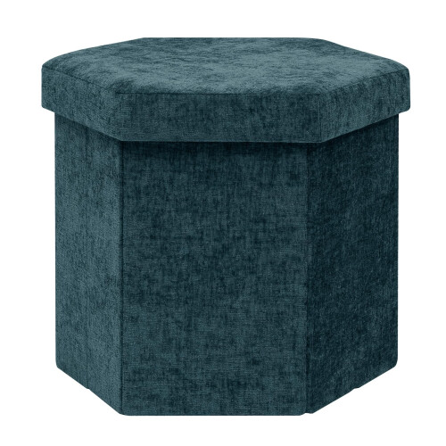 PINPLUS Chenille Ottoman Storage Box, Hexagonal Folding Stool, Blue