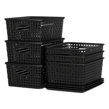 Julyeen Set of 6 Plastic Storage Baskets with Lids, Office Weave Organizer Basket Box, Black