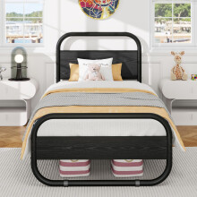 Diahomy 3ft Single Bed Frame with Wood Headboard and Footboard, Black