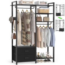 iSunirm Open Wardrobe with Drawers - Clothes Rail Freestanding with 2 Drawers, Heavy Duty Garment Rack Wardrobe System with Hanging Rail & Hooks