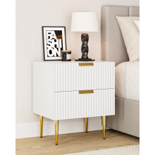 Apetaccat White Bedside Table, Nightstand with 2 Drawers with Gold Leg, Modern Bedside Table Bedroom Furniture for Living Room or Bedroom, White