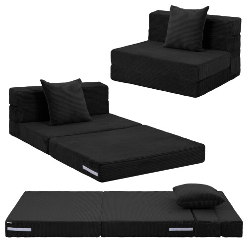 MeMoreCool Folding Mattress Single, Corduroy Fold Out Sofa Bed, Grey