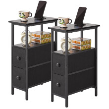 YMYNY Narrow Side Table Set of 2, Slim Bedside Table with 2 Fabric Drawers, Nightstand for Small Spaces