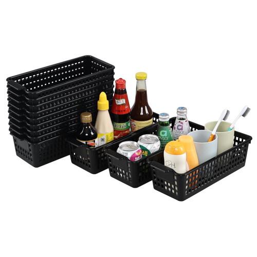 Hayixia 12 Pack Small Storage Baskets for Small Items, Slim Plastic Organising Baskets, Black