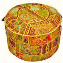 Radhykrishnafashions Vintage Embroidered Pouf Ottoman Footstool Cover Indian Round Ottoman Stool Pouf Pillow, Ethnic Embroidered Pouf Cover