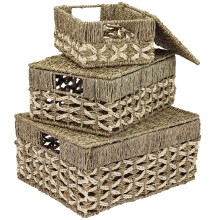 HMF Set of 3 Storage Baskets with Lid, Seagrass and Palm Leaf Wicker Baskets | Small, Medium, Large